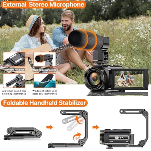 5K Video Camera Camcorder UHD 48MP WiFi Vlogging Camera for YouTube IR Night Vision Anti-Shake 16X Digital Zoom 3” Touch Screen Camera with Microphone,Handheld Stabilizer,Lens Hood,Remote,Batteries 5