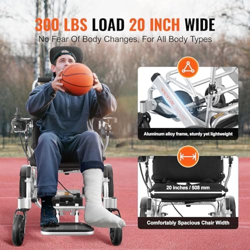VEVOR Electric Wheelchair for Adults Seniors, 300 lbs Weight Capacity, 20 in Width Lightweight Foldable Motorized Wheelchairs, 20Ah Battery All Terrain Aluminum Alloy Chair, Adjustable Backrest 6