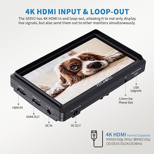 FEELWORLD S55 5.5 inch Camera DSLR Field Monitor Small Full HD 1920x1152 IPS LUT Video Peaking Focus Assist with 4K HDMI 8.4V DC Input Output Professional Video Accessories 5