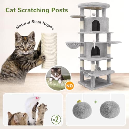 Globlazer Corner Cat Tree for Large Cats, 66inch Tall Curved Series Large Cat Tower for Multiple Indoor Cats with 6 Scratching Posts, 2 Spacious Cat Condos, Hammock, Hanging Basket, C66, Light Grey 6