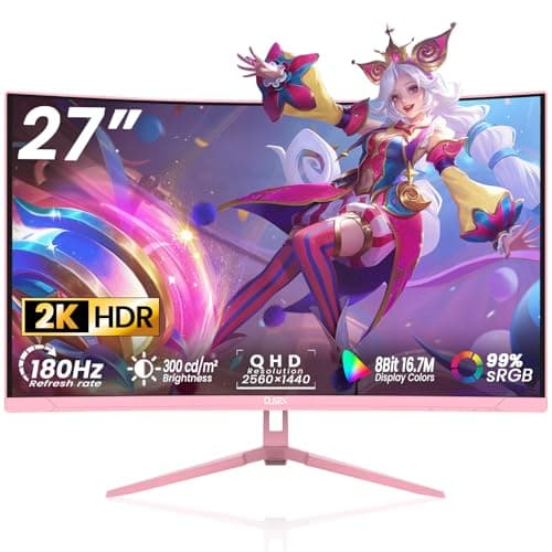 DJiEX 27 inch Curved Pink Gaming Monitor 180Hz,QHD(2560 ×1440),1ms,1800R,VA Screen,FreeSync,Low Blue Light, Flicker Free,Eye-Care, DP, HDMI Port for Gaming Home Office,Supports Wall Mount (75 * 75mm)