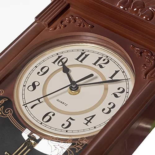 Clockswise Vintage Grandfather-Style Wall Clock with Wood-Effect Plastic Pendulum Battery-Operated for Home Decor Living Room Home Office Kitchen or Dining Room (Brown, 16 Inch) 5