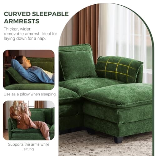 ELUCHANG 113" Modular Sectional Sofa, Comfy Cloud Couch, L Shaped Deep Seat Sofa Couches for Living Room, 4-Seater Modern Sofa with Movable Ottoman, DIY Combination - Chenille Green 8
