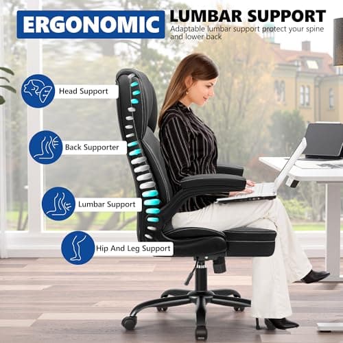 PU Leather Executive Office Chair, Ergonomic High-Back Computer & Gaming Chair with Adjustable Height, Rolling Swivel & Flip-Up Armrests, Comfy Padded Seat for Home Office-Black 5