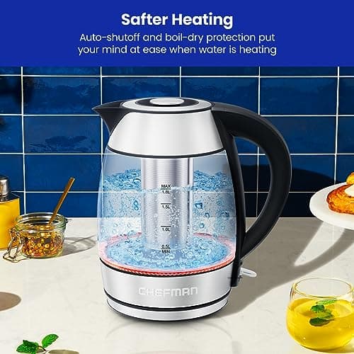 Chefman Glass Electric Kettle for Boiling Water, 1.8L 1500W, with Tea Infuser, Keep Warm Function, Auto Shut Off, Boil-Dry Protection, BPA Free, Hot Water Boiler, Electric Tea Kettle - Stainless Steel 7
