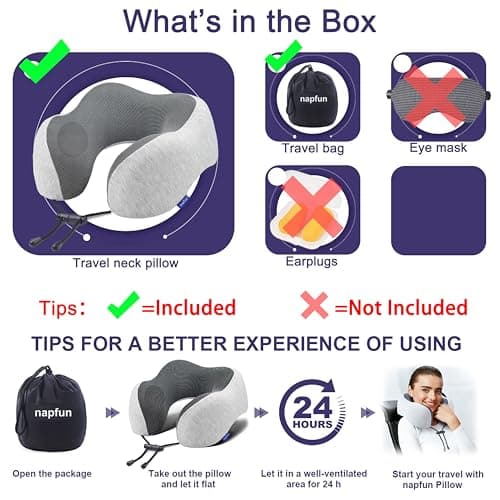 napfun Neck Pillow for Traveling, Upgraded Travel Neck Pillow for Airplane 100% Pure Memory Foam Travel Pillow for Flight Headrest Sleep, Portable Plane Accessories, Light Grey 6