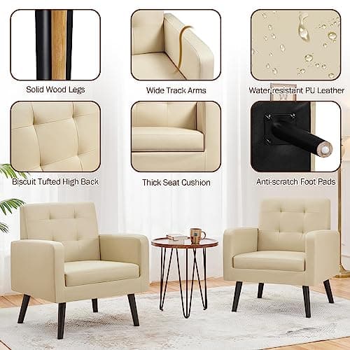 Yaheetech Mid-Century Accent Chairs, PU Leather Modern Upholstered Living Room Chair, Cozy Armchair Button Tufted Back and Wood Legs for Bedroom/Office/Cafe Beige 6