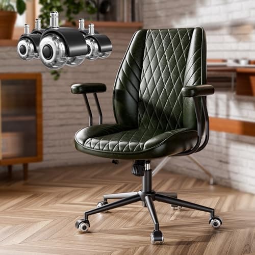 JULYMON Green Leather Office Desk Chair with Quiet Rubber Wheels, Height Adjustable, Padded Arms, Vintage Mid Century Office Chair, Retro Style Desk Chair