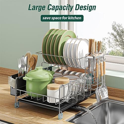 slhsy Dish Drying Rack - Large Capacity Stainless Steel Dish Rack for Kitchen Counter, 2-Tier Detachable Kitchen Organizers and Storage Rack with Drainboard and Cutlery Holder, Silver 5