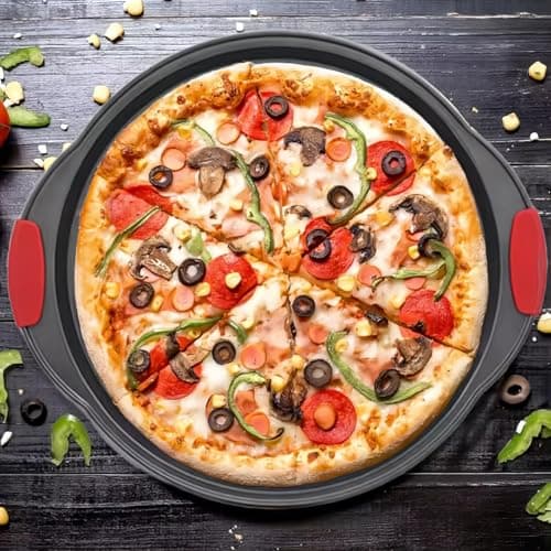 ZOEHROWS 13 Inch Pizza Pan for Oven (2 Pack) Round Pizza Pan with Holes - Non-Stick Carbon Steel Pizza Tray with Silicone Handles - for Cooking, Baking, and Grilling - Dishwasher Safe 6