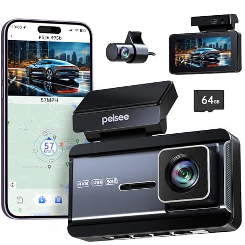 Pelsee P3 4K Dash Cam Front and Rear, 64GB SD Card, 4K+1080P Dual Dash Camera for Cars with Wi-Fi, GPS, ADAS, BSD, LCA, 3’’ IPS Display Car Camera, APP & Voice Control, Night Vision, 24H Parking Mode