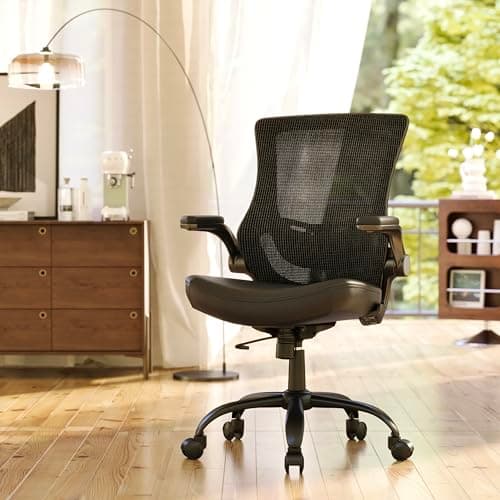 ELABEST T29 Ergonomic Office Chair, Comfy Computer Desk Chair, Mesh Back Home Office Chair with PU Leather Padded, Adjustable Lumbar Support, Flip-up Arms,Swivel Wheels,Work Task Chair for Long Hours