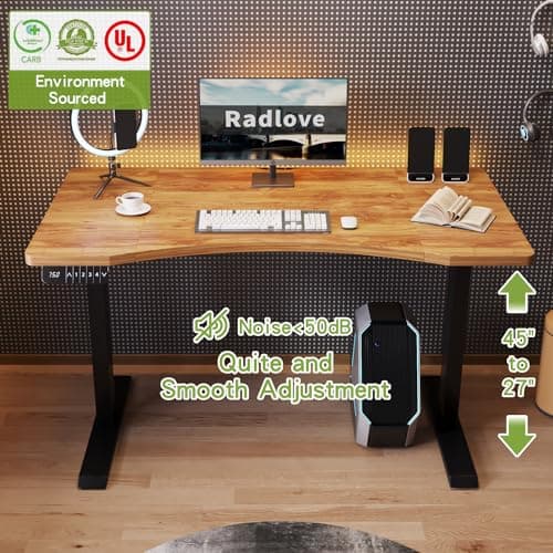 Radlove Dual Motors Height Adjustable 55 x 30'' Electric Standing Desk with Curved Design Stand Up Table 4 Memory Keys, Computer Desk with Splice Board Home Office Desk, Light Brown Top + Black Frame 6