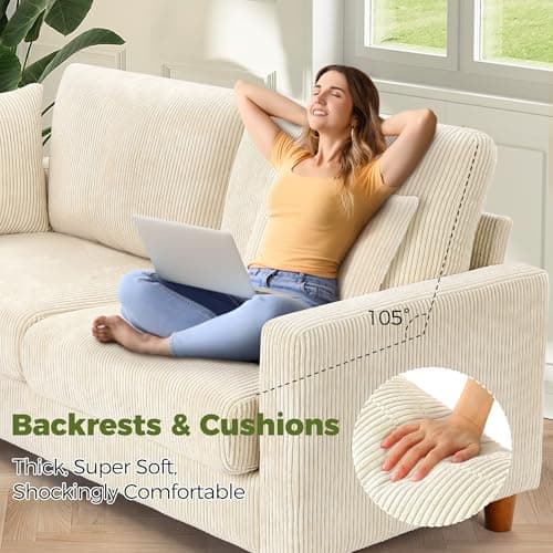 70in Corduroy Couch, Kidirect Sofa No Tool Assembly, Comfy Couches for Living Room 21in Deeper Seats, Corduroy Sofas for Living Room with 2 Pillows, Oversized Loveseat Sofa, Boho Love Seat Beige Couch 3