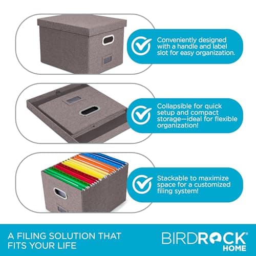 Internet's Best Collapsible File Box Storage Organizer with Lid - Decorative Linen Filing & Storage Office Boxes – Hanging Letter/Legal Folder – Home Office Bins Cabinet – Grey Container - 1 Pack 6