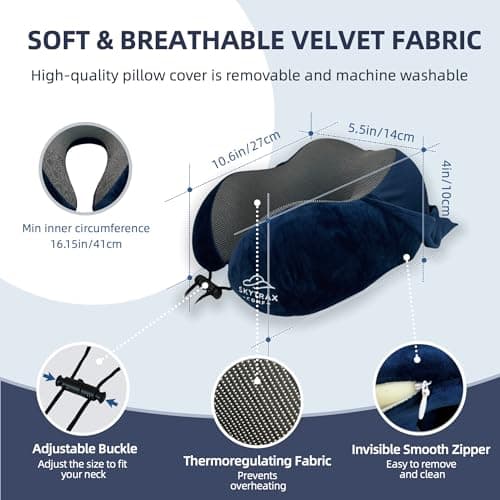 Travel Pillow with Extra Large Hood for Airplane Long Flights Privacy and Comfort Memory Foam with Velvet Cover for Road Trip Head&Neck Support for Plane Office Cars Sleeping & Rest (Navy Blue) 6