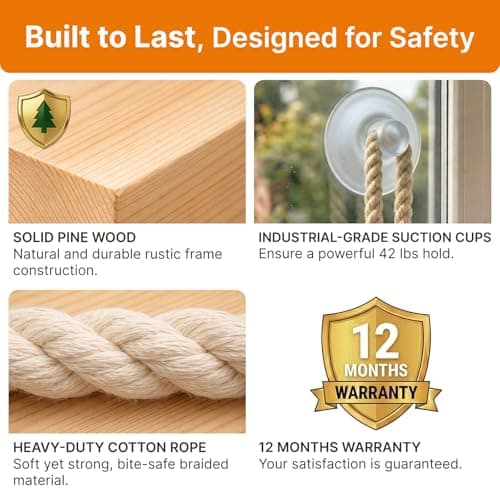 Cat Window Perch with Industrial-Grade Suction Cups - Solid Pine Wood Hammock Bed, Soft Cushion - 42 lb Capacity for Cats Inside 5