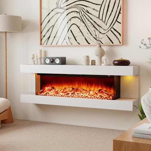 ORALNER 36-Inch Wall Mount Electric Fireplace with 50-Inch Floating Mantel, Remote, 3 Sided Electric Fireplace, 12 Adjustable Color Effect, 1500W Heater, White (50-INCH)