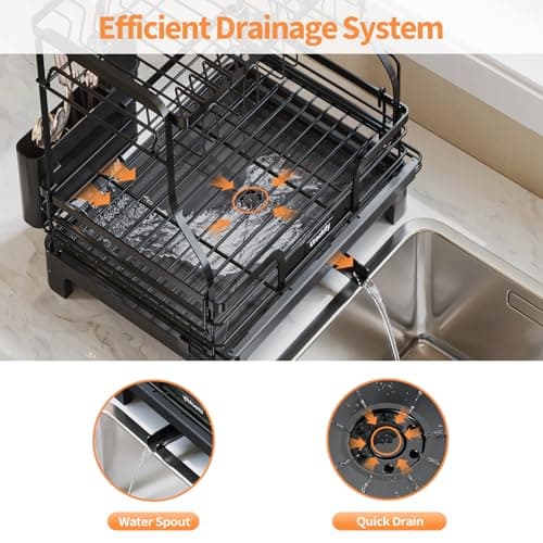 Urackify Extendable Dish Drying Rack, Multifunction Dish Rack for Kitchen Counter, Expandable Dish Drainer Over Sink, Large Dish Strainer with Cups Holder, 2 Tier Matte Black 6