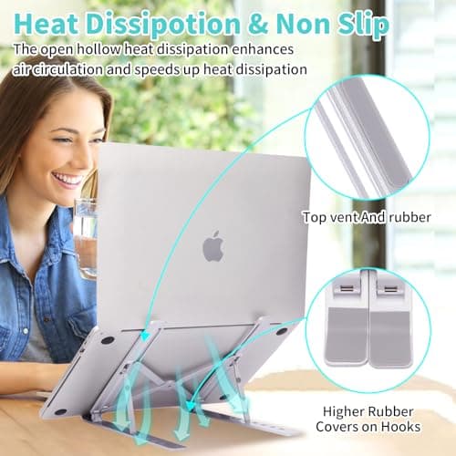 Sopholid Laptop Stand for Desk, Aluminum Metal MacBook Stand，Computer Riser for Desk, Portable Foldable Adjustable Notebook Holder, Compatible with 10-15.6 Inch Laptops, iPad, Silver. 9