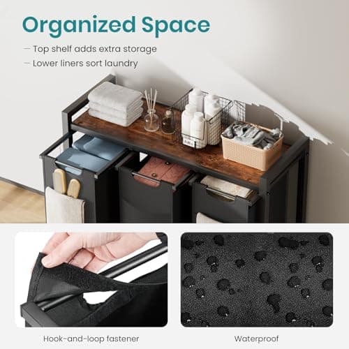 OLIXIS Laundry Hamper, Laundry Sorter with Shelf, Clothes Basket Organizer with 3 Pull-Out and Removable Bags, Movable Wheels for Laundry Room Bathroom Bedroom, 3 × 8.6 Gal (97.5L), Metal Frame, Black 6