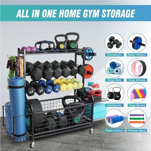 STUFFSTASH Adjustable Dumbbell Rack for Home Gym – Heavy Duty Weight Rack with Kettlebell Shelf, Yoga Mat Holder & Wheels – 700 LB Capacity Gym Equipment Storage Organizer 6