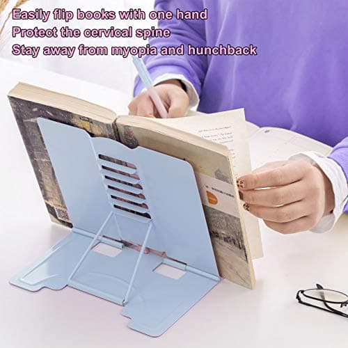 MSDADA Desk Book Stand Metal Reading Rest Book Holder Adjustable Cookbook Documents Holder Bookstands for Recipes Textbook Music Books, the First Day of School Gift for Students, Teachers (Light Blue) 8