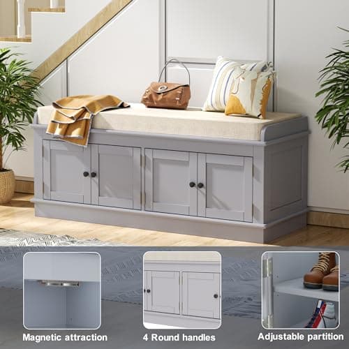 ROOMTEC 42.7″ Storage Bench w/4 Doors and Adjustable Shelves, ShoeBench w/Removable Cushion & Seating for Entryway Living Room Hallway Bedroom, Assembled Gray Wash 6