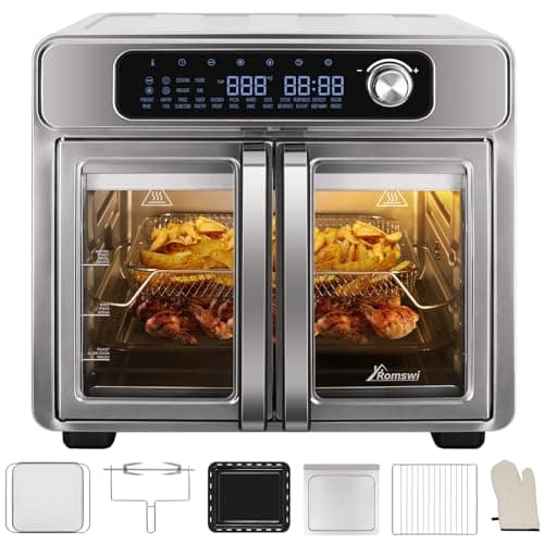 Romswi 26QT French Door Air Fryer Toaster Oven Combo, 24 Cooking Functions and Digital Controls, Fits 12" Pizza, 6 Slices of Toast, Rotisserie 6lb Chicken, 6 Accessories Included