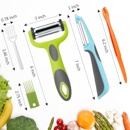Senbowe Julienne Peeler, Potato Vegetable Peeler for Kitchen, I and Y Potato Peelers for Apple Fruit Carrot Zucchini Cucumber Veggie, 3 in 1 Blade Spin Design, Anti-Slip Handle 7