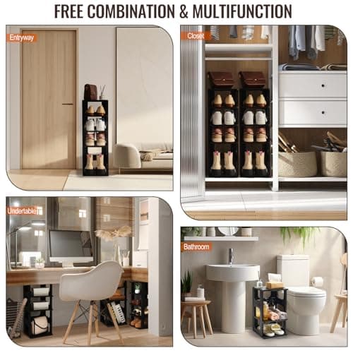 TRZZ 5-Tier Small Shoe Rack, Vertical Narrow Stackable Organizer with Removable Partition, Efficient Shoe Storage for Closet, Entryway, and Small Spaces (Black) 5
