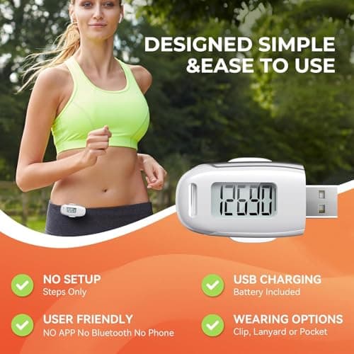 3D Pedometer for Walking, Simple Walking Step Counter with Removable Clip and Strap, USB Rechargeable Step Tracker with Backlight, Accurate Step Counter for Men Women Seniors - White 3