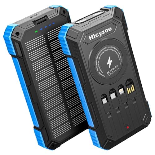 Solar Charger Power Bank, 49800mAh Wireless Portable Phone Charger, 15W QC3.0 Fast Charging External Battery Pack with 4 Built-in Cables, USB-C in/Output, with Dual Flashlights for Outdoor (Blue)