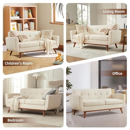 Kingfun 65.2" W Loveseat Sofa, Mid Century Modern Decor Love Seat Couches for Living Room, Button Tufted Upholstered Furniture, Solid & Easy to Install Small Couch for Bedroom Office Apartment, Beige 7