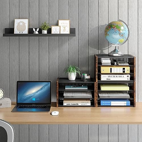 3-Tier Paper Letter Tray, Wooden Desk File Organizer, Stackable Metal Mesh Desk Organizer for Office Supplies. Small Paper Trays for Home Office School, Rustic Brown 6