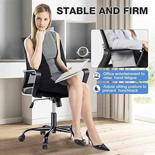 Office Chair - Ergonomic Office Chair Mid Back Office Desk Chair with Wheels Computer Chair with Lumbar Support Home Office Chair with Armrests for Adults, Black 7
