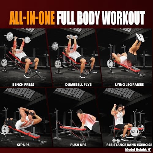 OPPSDECOR 600LBS 6 in 1 Weight Bench Set, Adjustable Bench Press Set and Squat Rack, Foldable Workout Benches for Home Gym, Incline Decline Flat Sit Up Strength Training Bench 6