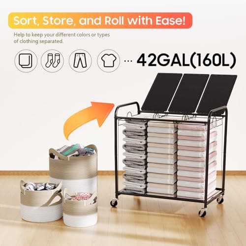 160L (42 Gal) Laundry Sorter 3 Section, Rolling Laundry Basket with Lockable Wheels and Lid, Laundry Hamper with 3 Separated Removable Bags Dirty Clothes Hamper for Laundry Room Organizer, Black 2