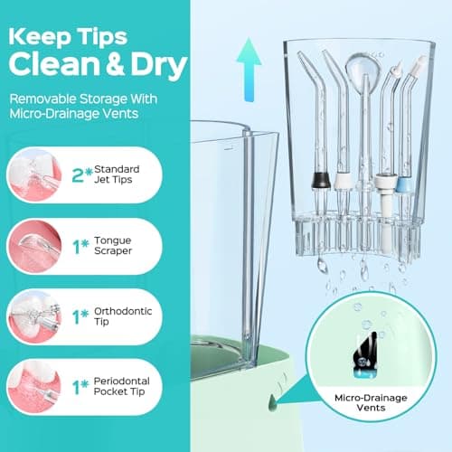 COSLUS E2 Excellent Water Flosser for Teeth Cleaning: 12 Pressure Settings & 2 Modes for Orthodontic, Braces, Sensitive - Patented Storage, 5 Jet Tips and 600ML Tank for Family, Home Use, Green 5