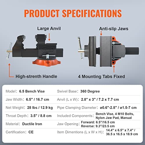 VEVOR Bench Vise, 6.5" Jaw Width 6.5" Forward &9.3" Reverse Opening, 360-Degree Swivel Locking Base Multipurpose Workbench w/Anvil, Heavy Duty Ductile Iron w/Bolts & Nuts, for Drilling, Pipe Cutting 7