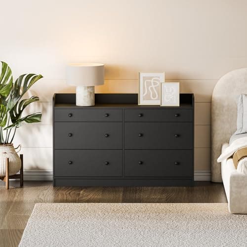 Cozy Castle Baby Dresser with 6 Drawers and Large Table Top, Multi-Functional Chest of Drawer, Drawer Dresser with Three-Sided High Rails for Nursery, Children's Room, Bedroom, Black 7