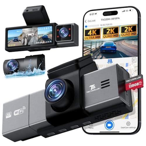 TECXERLLON 4K 3 Channel Dash Cam with ADAS Assist, Free 128GB Card Included, Built-in GPS & 5G WiFi, G-Sensor, Dash Camera with No-Light Night Vision, 170°/150°/140° Wide View, 24H Parking Mode