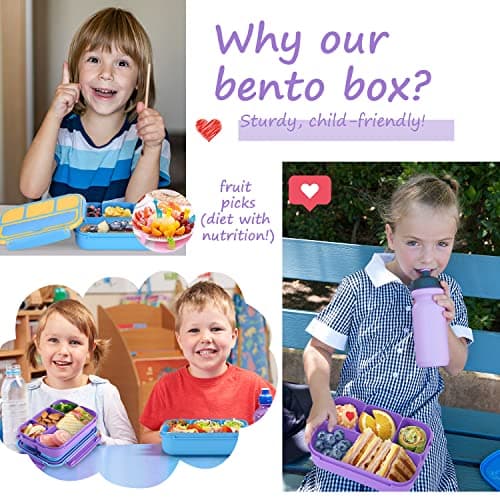 QQKO Bento Lunch Box for Kids Girls Boys, Toddler Kids Lunch Boxes for School, Lunch Containers for Adults with 4 Compartments, Sauce Container, Utensils, Food Picks and Muffin Cups, Purple 7