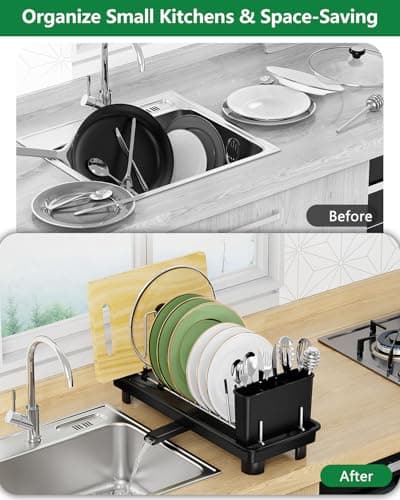 CosyPic Small Dish Drying Rack, Compact Dish Rack for Kitchen Counter, Space Saving Plate Rack, Dish Strainer with Cutlery Holder, Black 7