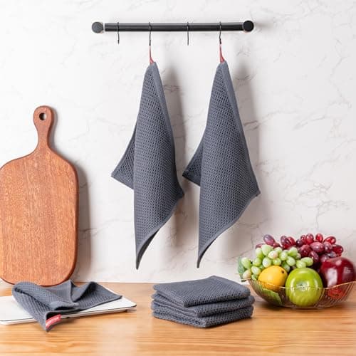 BOOMIBOO ﻿Kitchen Towels 6-Pack Kitchen Dish Cloths,100% Cotton Towels Waffle Weave, Ultra Soft Absorbent, Quick Drying, 12x12 Inches,Dark Grey 7