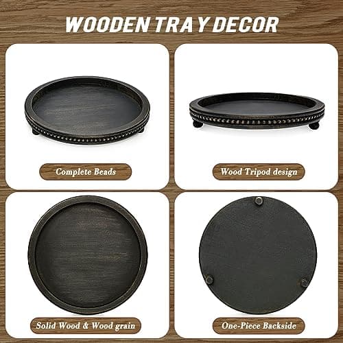 KULEDM Wooden Tray Decor, Small Beaded Coffee Table Tray Decor, Black Round Decorative Tray for Coffee Table, Dining Room Table Entryway and Living Room Table 7