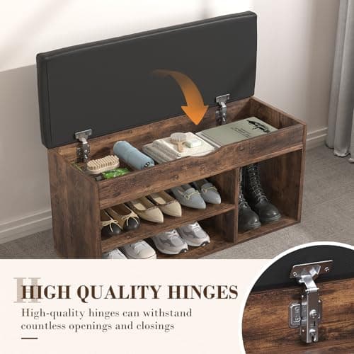 Apicizon 31 Inches Storage Bench with Padded Cushion, Shoe Bench with Storage Space, Upholstered Entryway Bench for Living Room, 2-Tier Shoe Rack Organizer, Brown 7