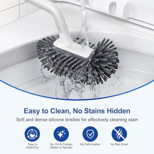 HAMITOR Toilet Bowl Brush Holder Set: Deep Cleaning Silicone Toilet Cleaner Scrubber Under Rim with Curved Bristle for Bathroom Dead Corner Clean - Modern Rv Toilet Decorative Accessories - White 5