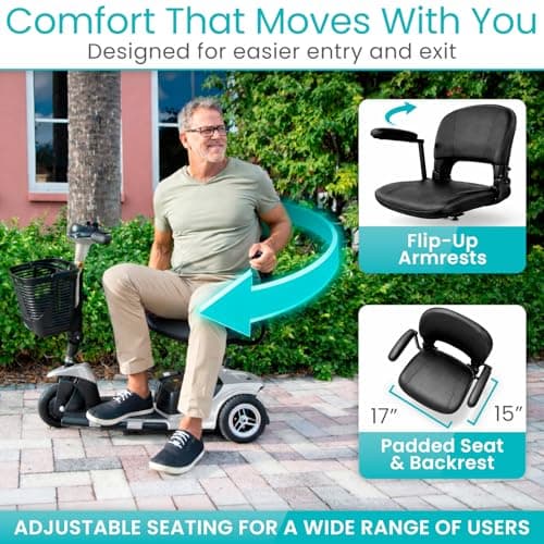 Vive 3 Wheel Mobility Scooter - Electric Powered Mobile Wheelchair Device for Adults - Folding, Collapsible and Compact for Travel - Long Range Power Extended Battery with Charger and Basket Included 5