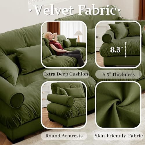 94" Modular Sectional Sofa,Velvet Upholstered Couches for Living Room,3 Seater Green Sofa Couch with Movable Ottoman,Big Comfy Loveseat Sofa with Deep Seats for Living Room,Apartment,Bedroom 5